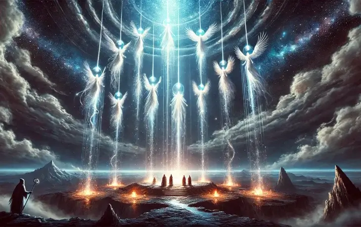 Ağ Ana’nın Elçileri – Göğün katlarından ışık huzmeleriyle inen ilahi varlıkların, yaratılışın ilk ışığını yansıtan sahnesi